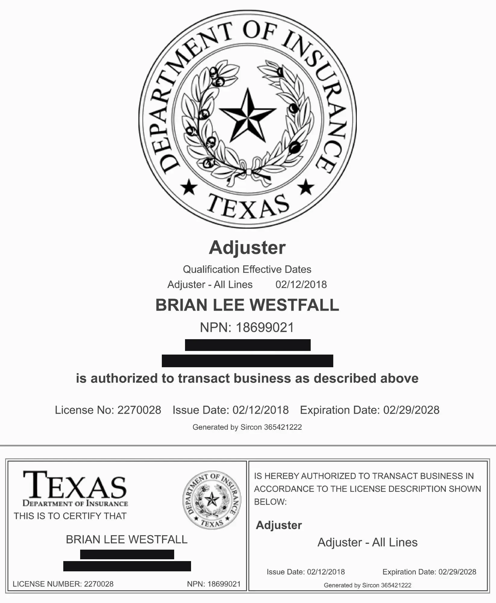 Texas Department of Insurance, All-Lines Adjuster License No. 2270028