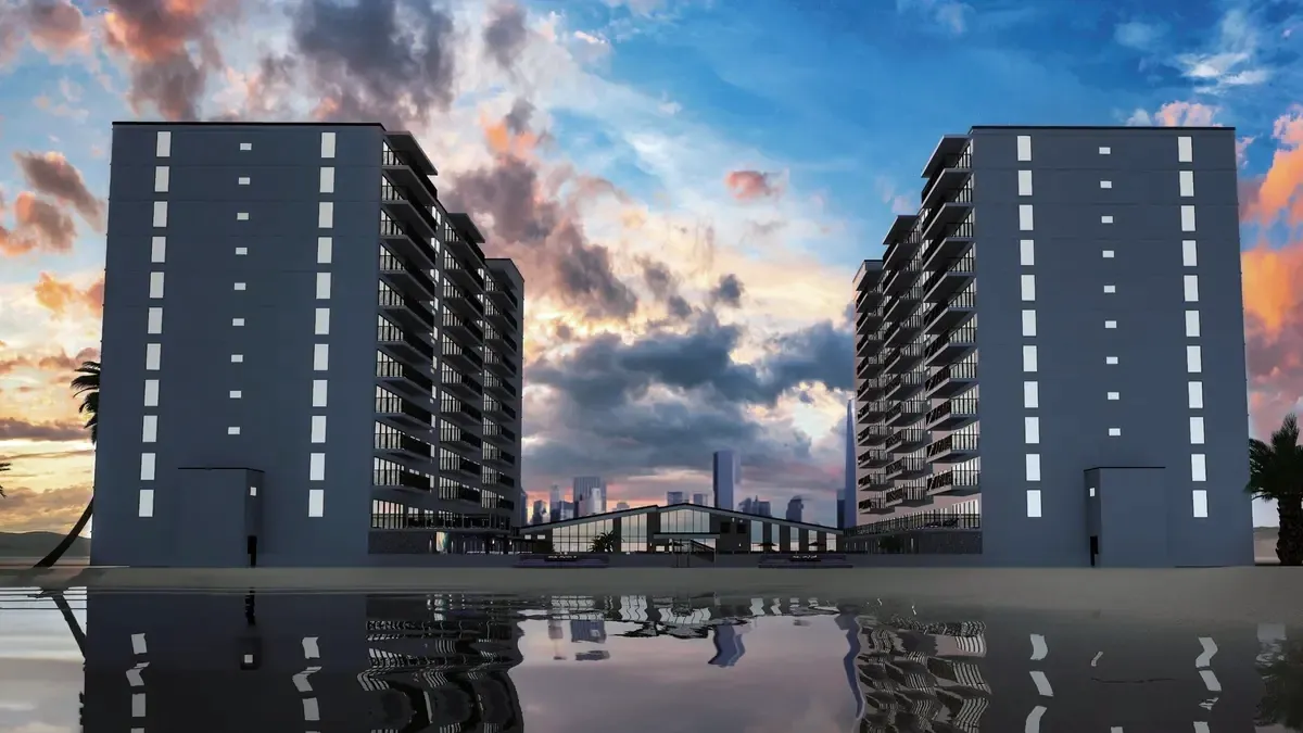 Commercial high-rise residential towers, dusk render