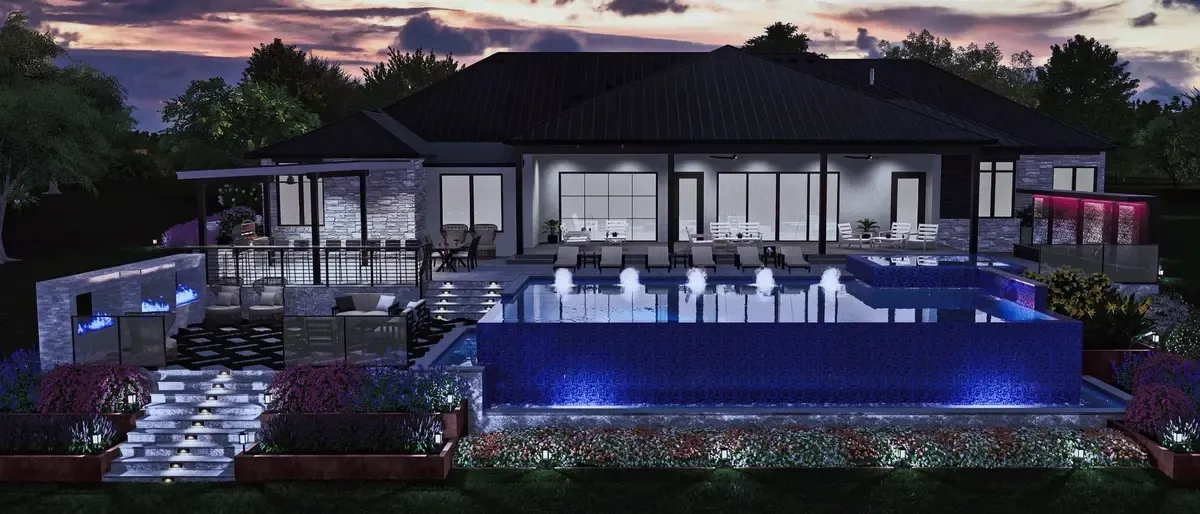 Single-story modern home with infinity pool, dusk render