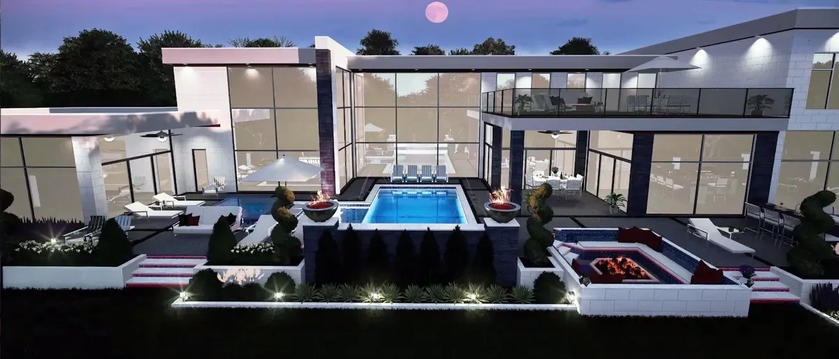 Contemporary glass residence with pool, evening render