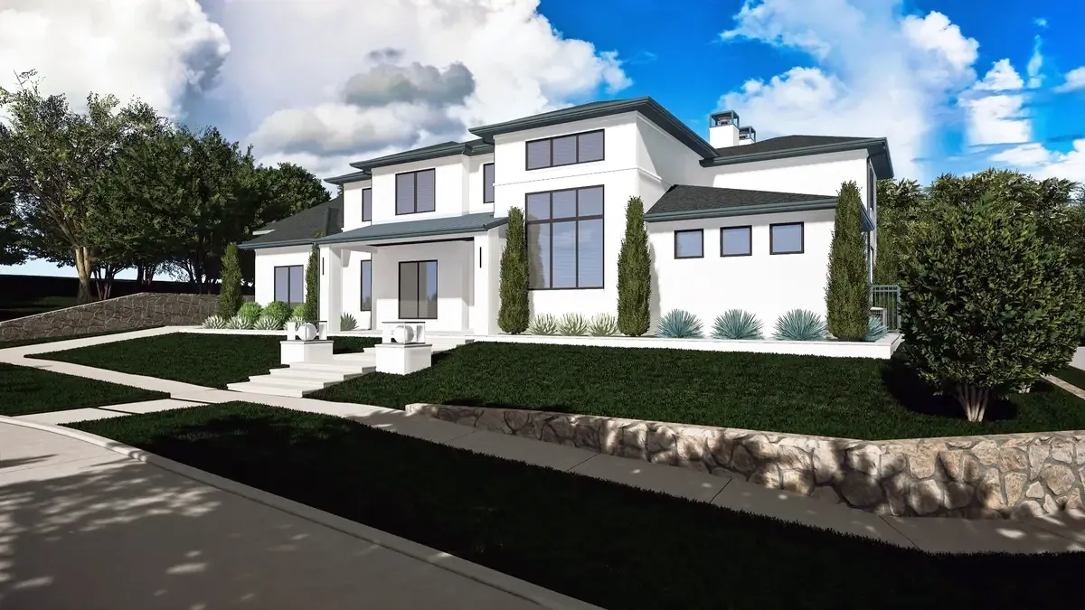 Modern white two-story custom home, daytime render